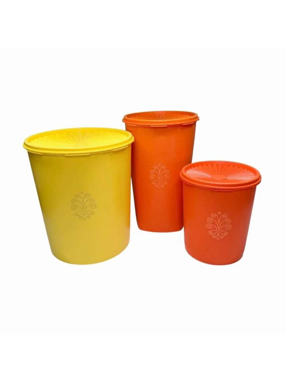 VTG Set of 3 Tupperware Servalier Canisters Retro Orange & Yellow W/Lids
